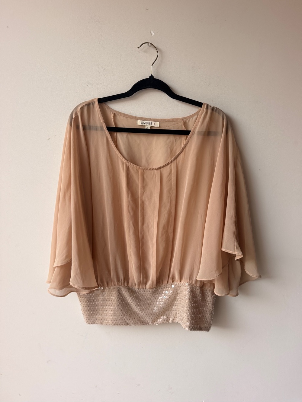 Umgee Blush Chiffon Flutter Sleeve Top with Sequin Hem
